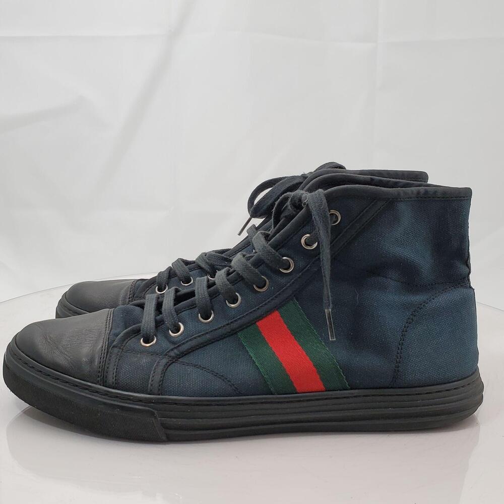 SMOKE ODOR Gucci Shoes Men 9 Faded Canvas Web Stripe High Top Lace Up Sneakers